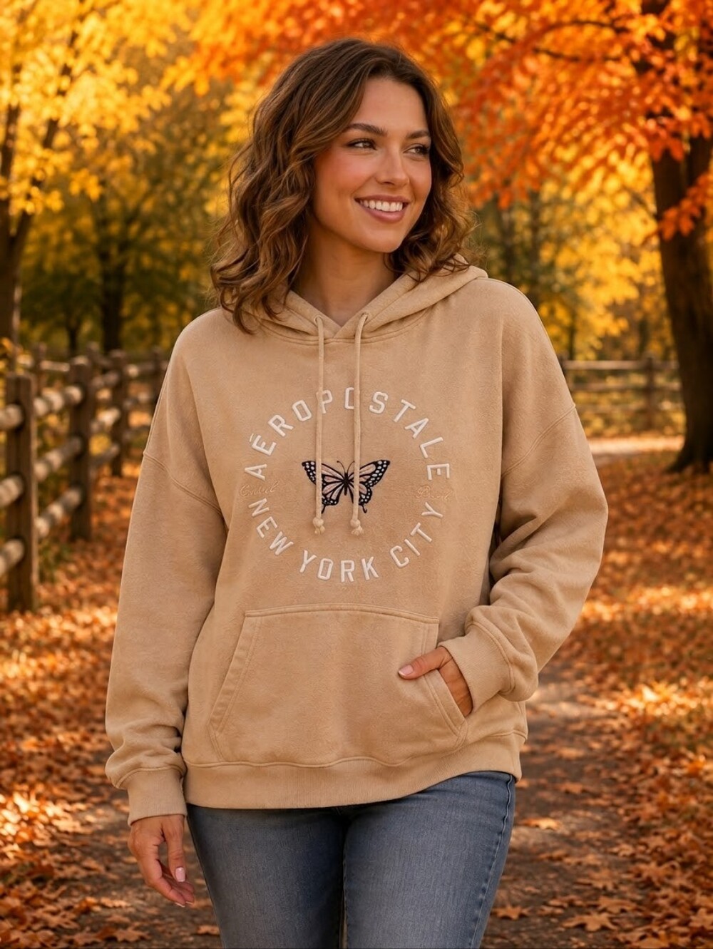 🦋 Tan Hooded Sweatshirt with Embroidered Butterfly 🤎